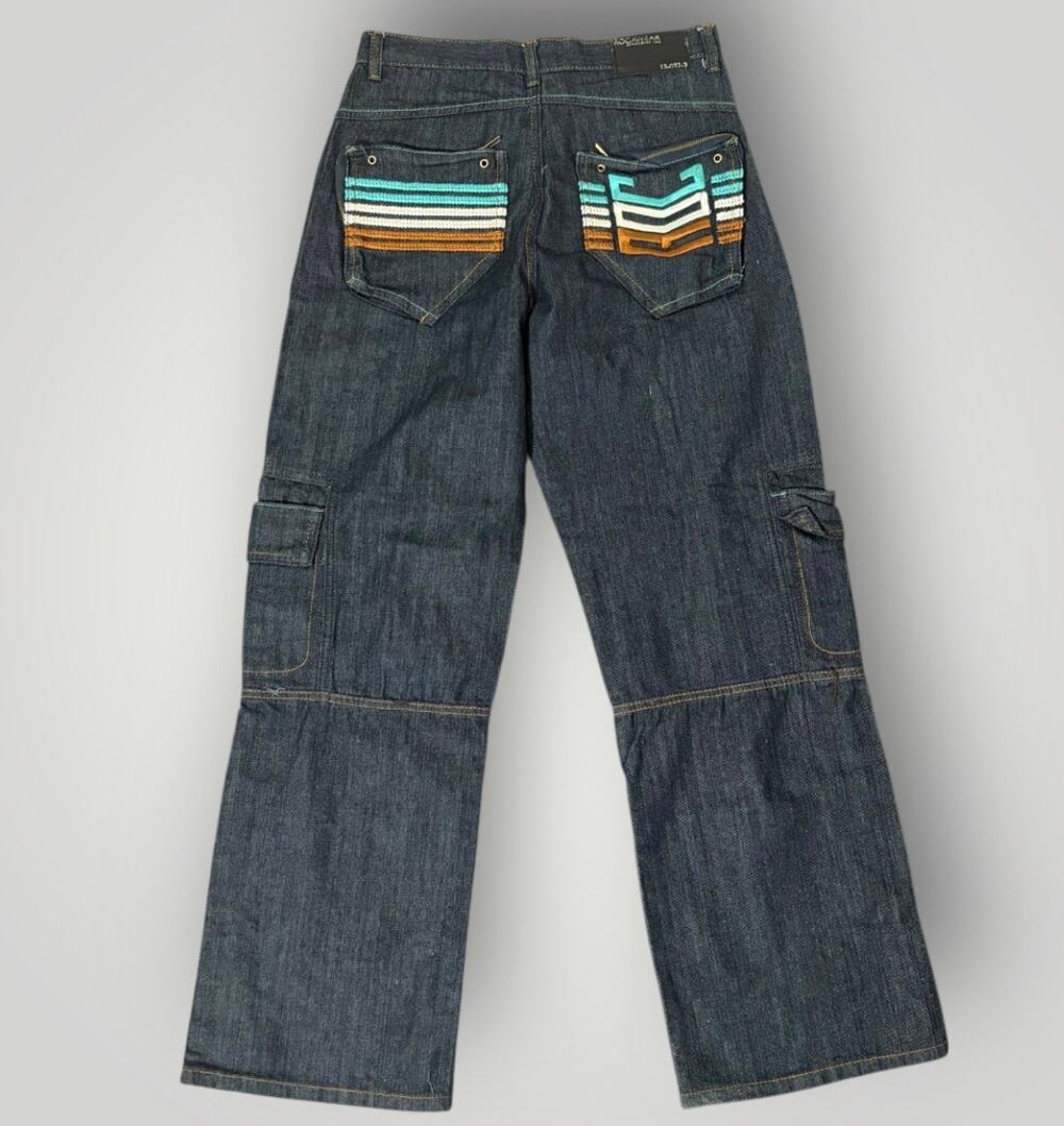 Vintage Rocawear Baggy Utility Cargo Jeans Y2K Tribal Embroidered Size 31x29